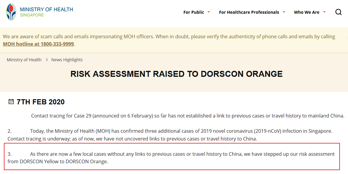 MOH announcement raising DORSCON status to Orange on 7 February 2020