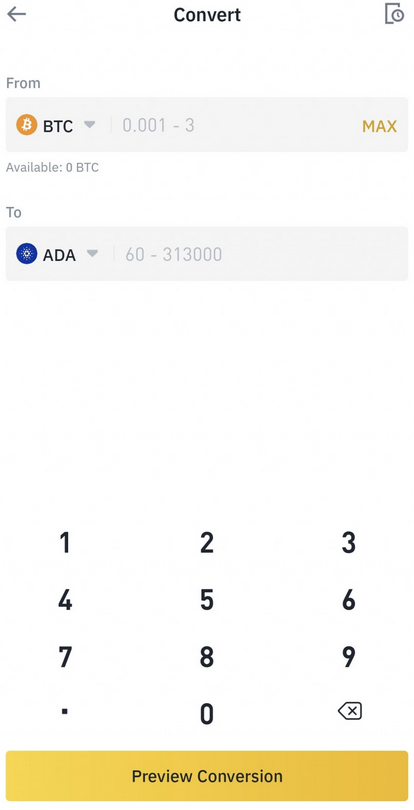 Converting BTC to ADA on Binance